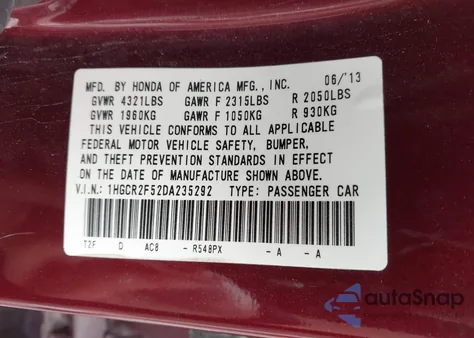 2013 Honda Accord Sport z USA, uszkodzony, nr VIN 1HGCR2F52DA235292